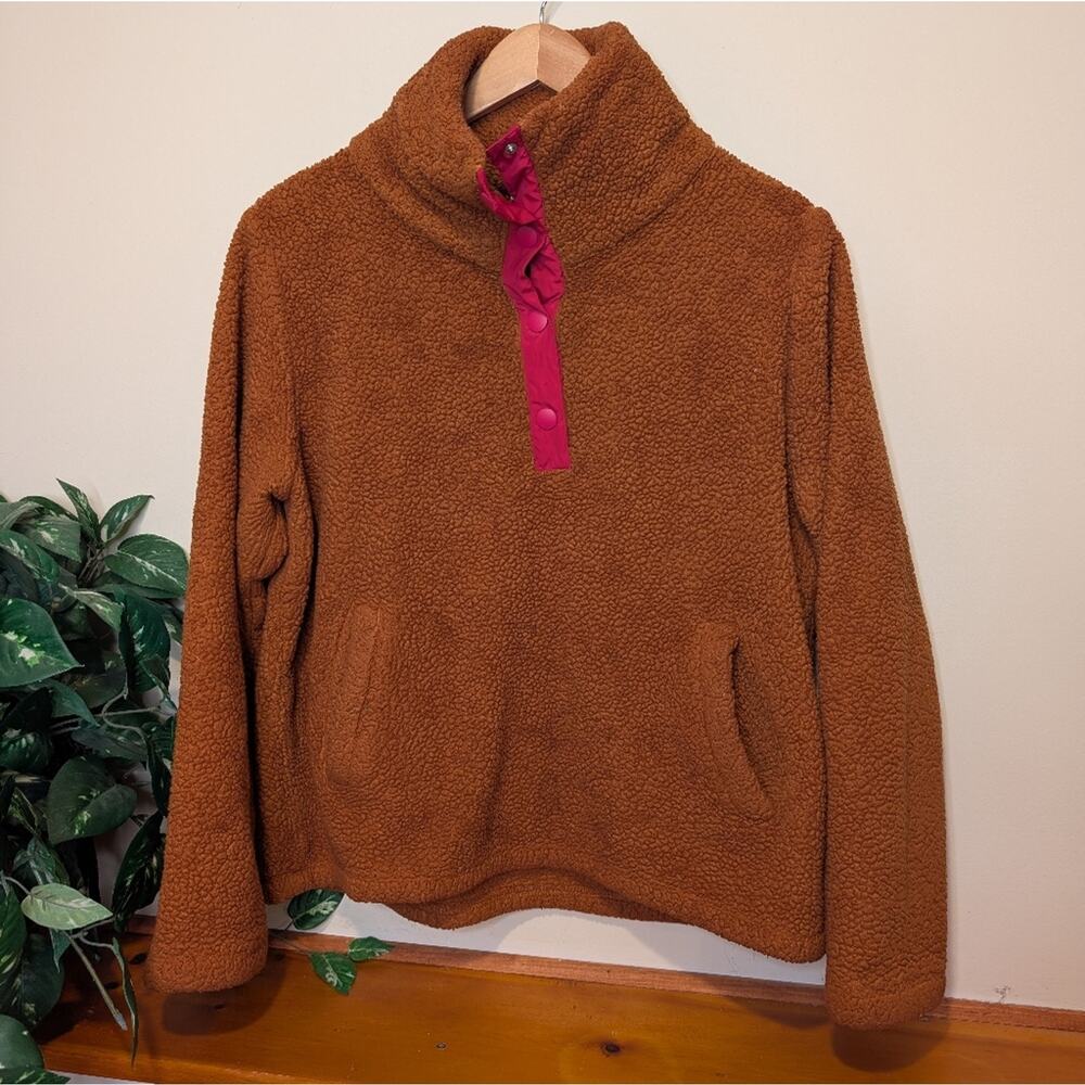 J.Crew Teddy Sherpa Snap Pullover – Brown w/ Pink Trim – Women’s Large